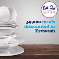 Image may contain: indoor, text that says "Eat Out HELP OUT 39, 39,000 meals discounted in Erewash"